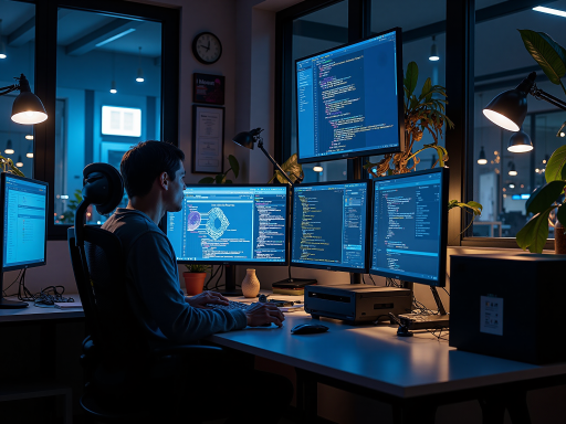 技术人员在办公室内工作，使用多台显示器编程，展现专业的工作状态，背景为现代化办公环境